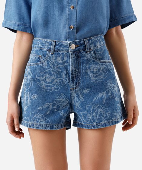 short mom feminino jeans com recorte floral azul