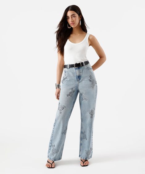 calça wide leg slim feminina jeans com brilhos azul