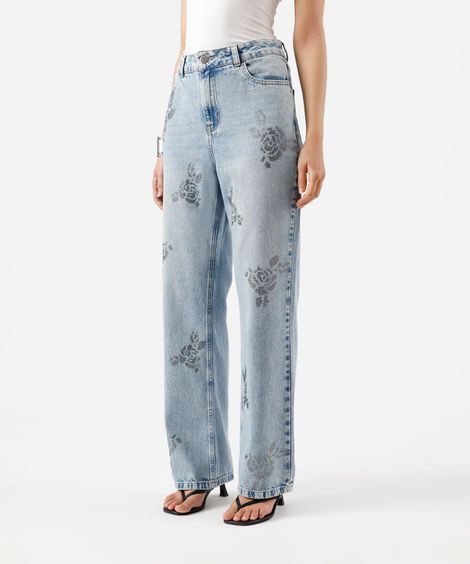 calça wide leg slim feminina jeans com brilhos azul