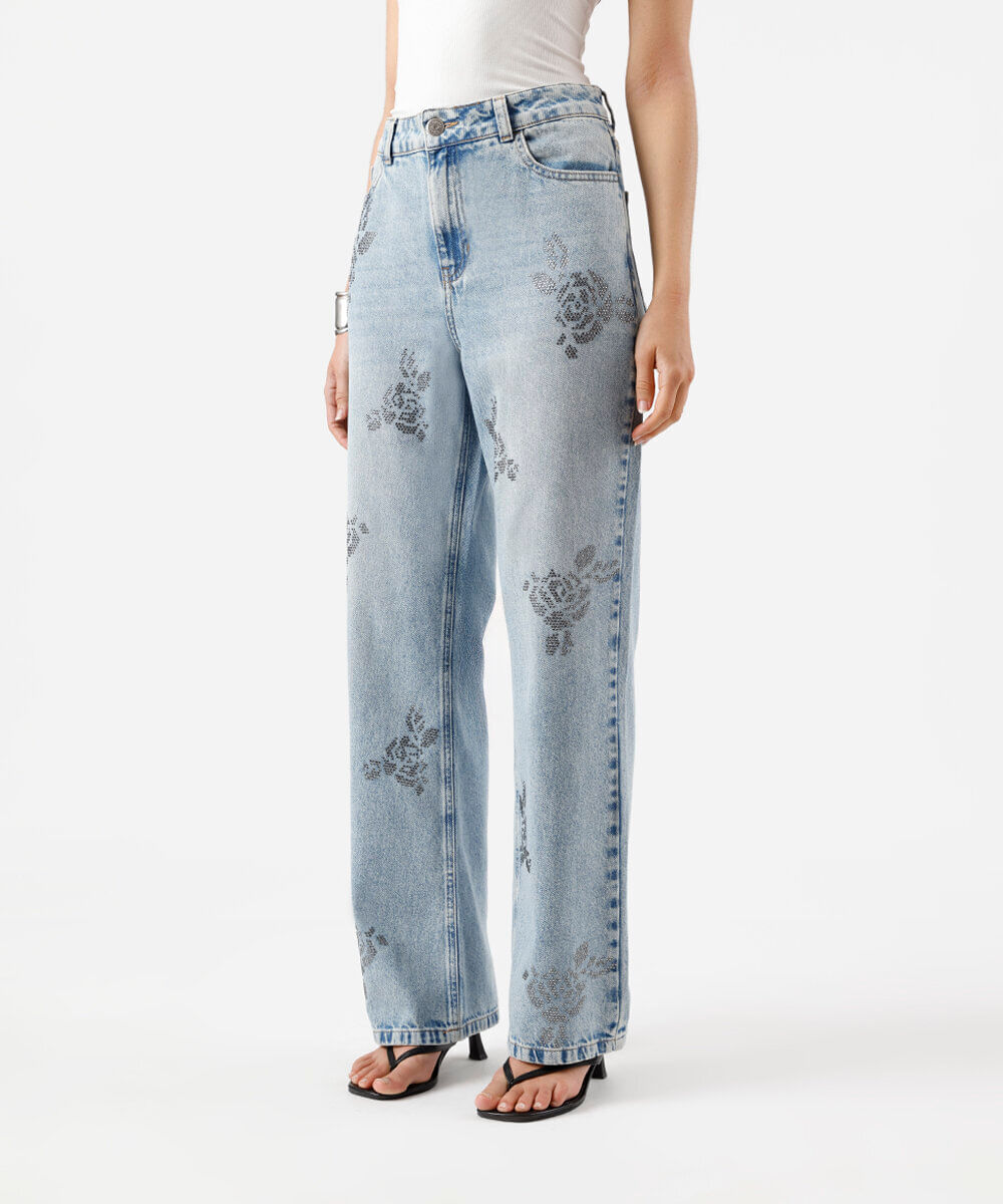 calça wide leg slim feminina jeans com brilhos azul