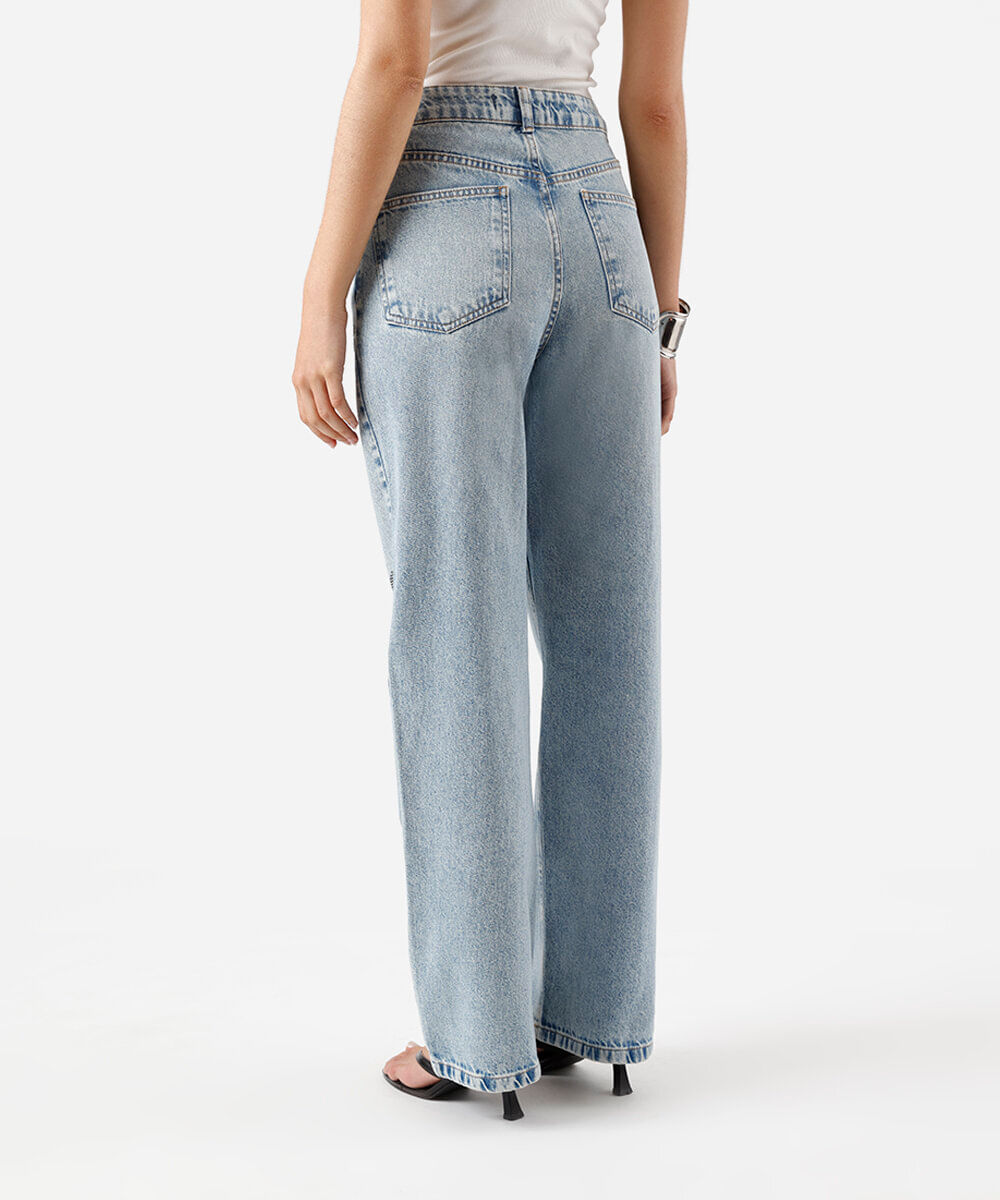 calça wide leg slim feminina jeans com brilhos azul