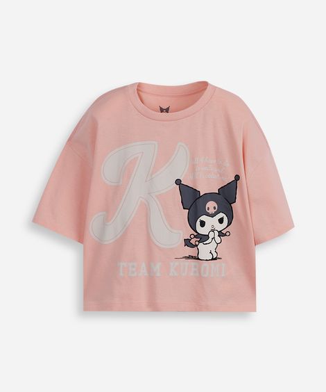 camiseta juvenil de algodão manga curta kuromi  rosa