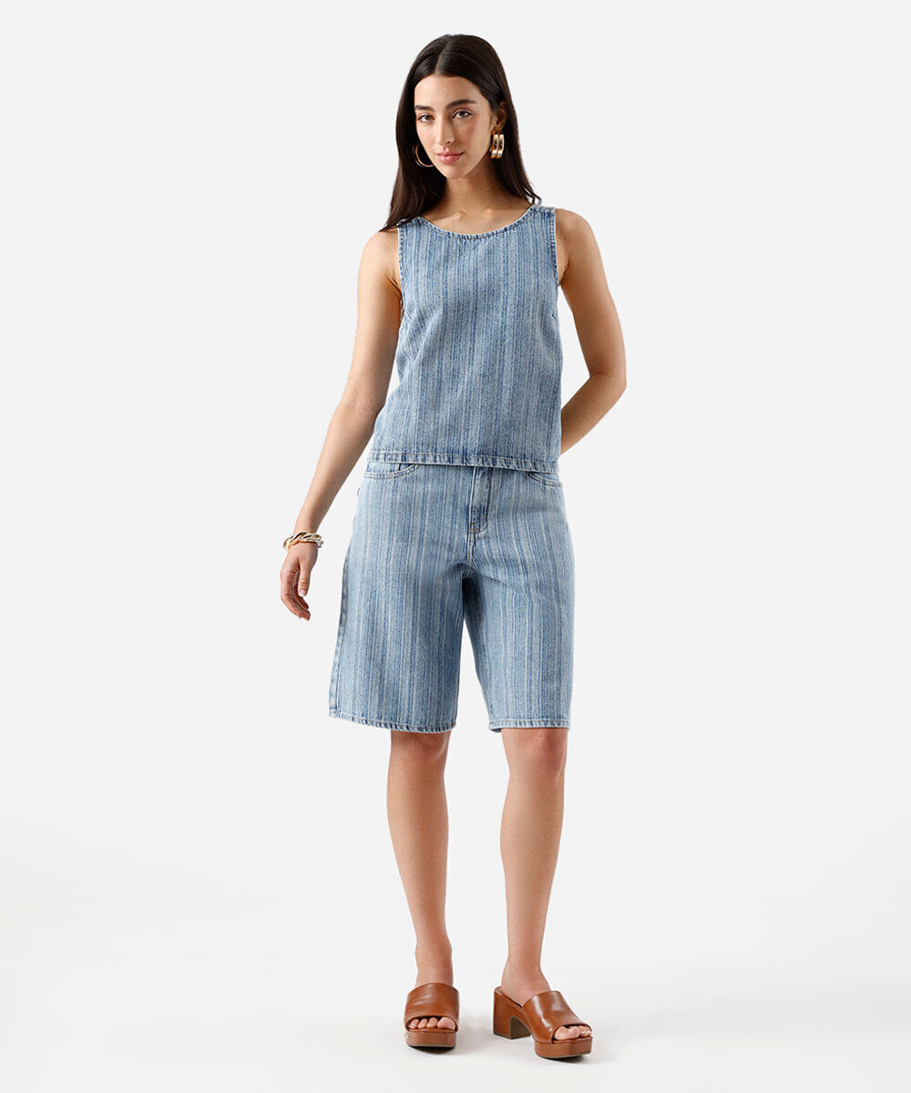 bermuda jorts feminina jeans listrada azul