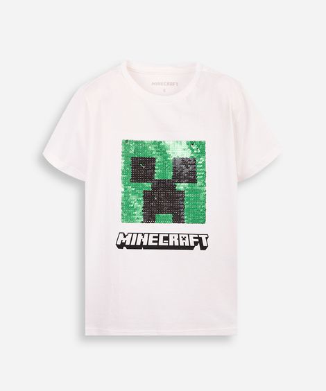 camiseta infantil de algodão minecraft com paetê off white