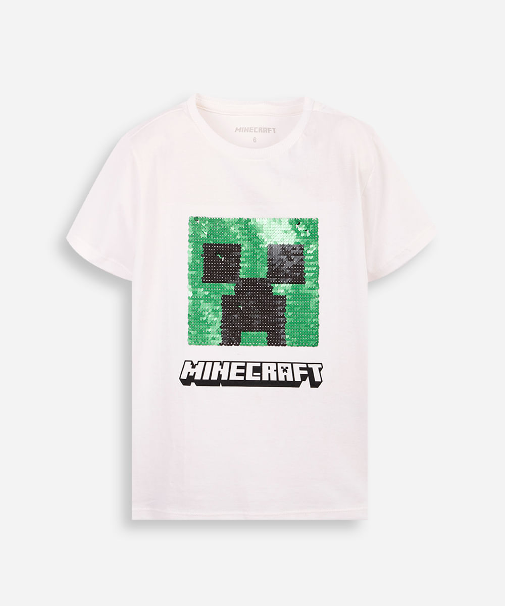 camiseta infantil de algodão minecraft com paetê off white