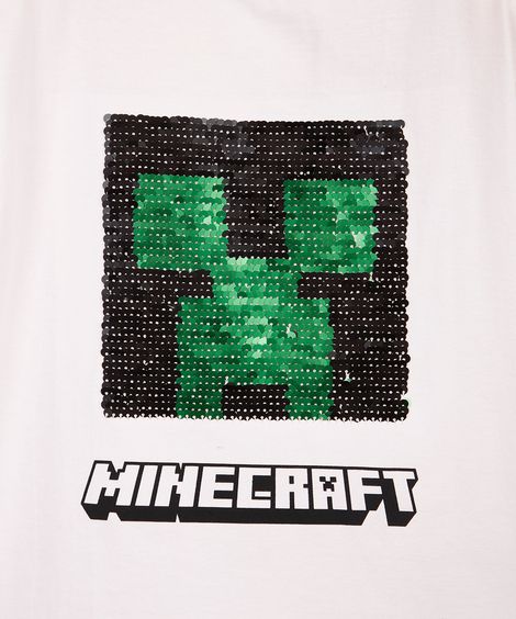 camiseta infantil de algodão minecraft com paetê off white