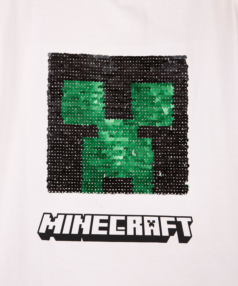 camiseta infantil de algodão minecraft com paetê off white