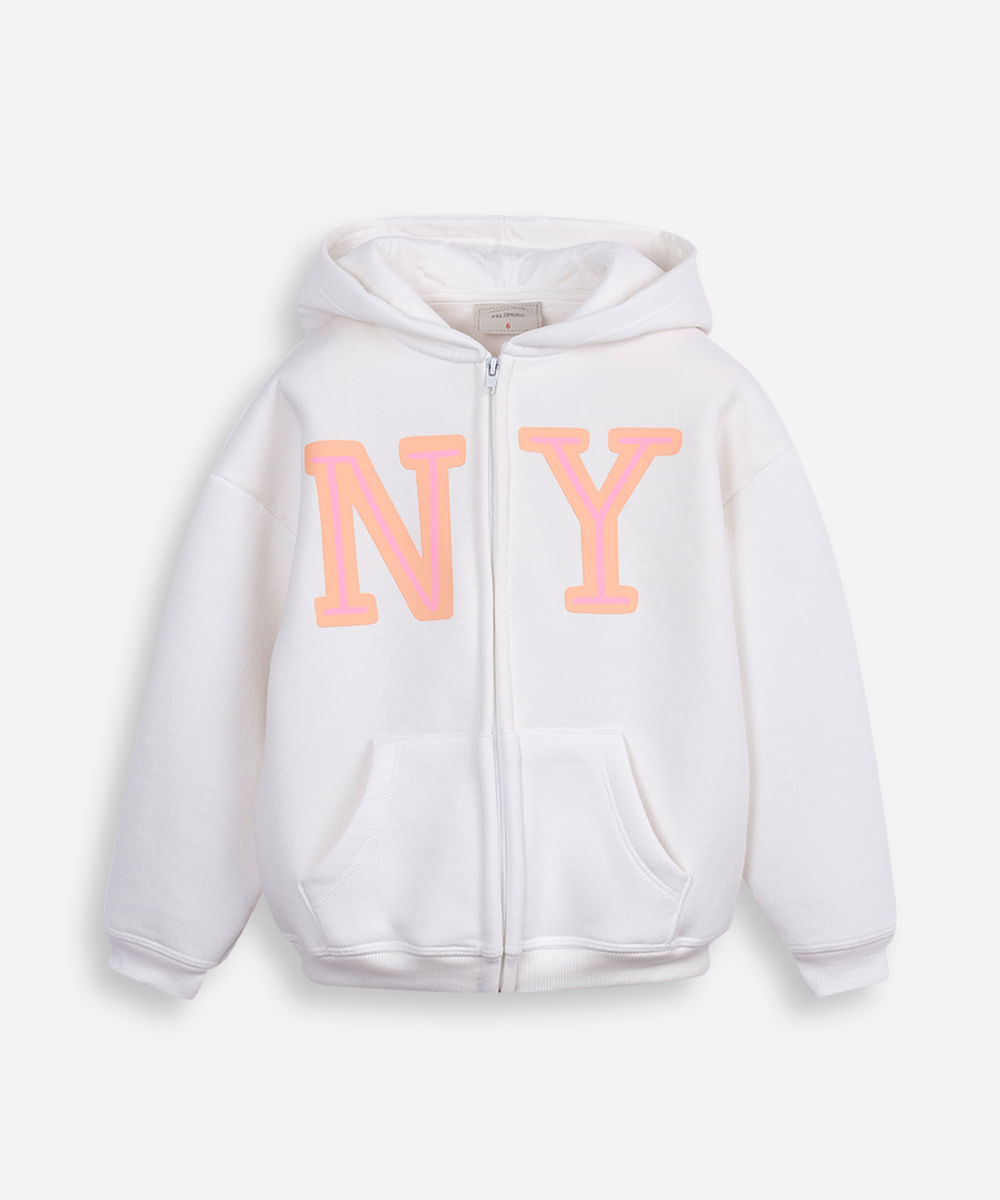 blusão infantil de moletom felpado com capuz ny off white