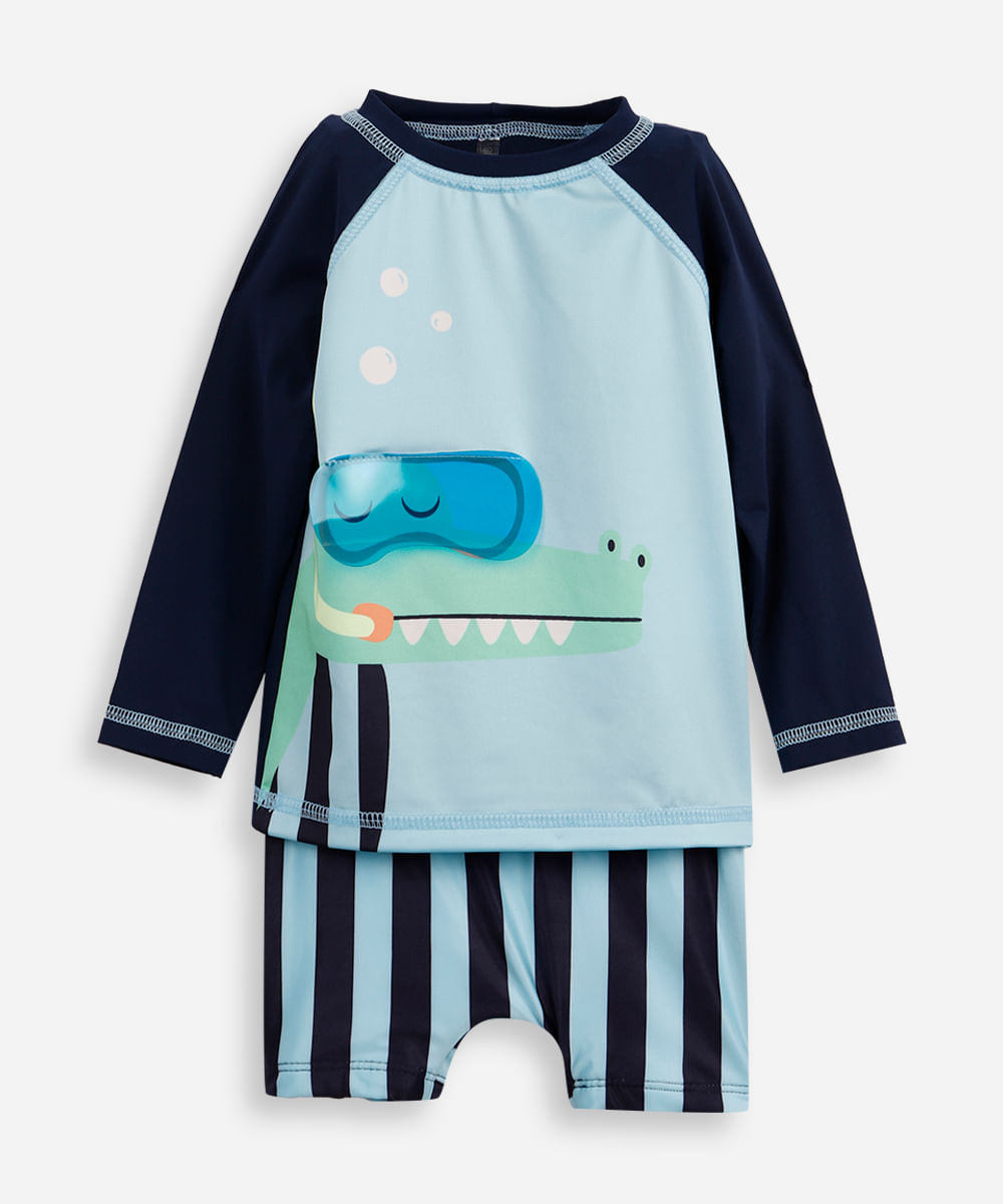 conjunto infantil proteção uv jacaré listrado azul