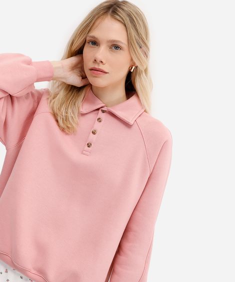blusão feminino de moletom felpado com gola esporte rosa