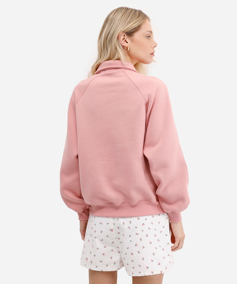 blusão feminino de moletom felpado com gola esporte rosa