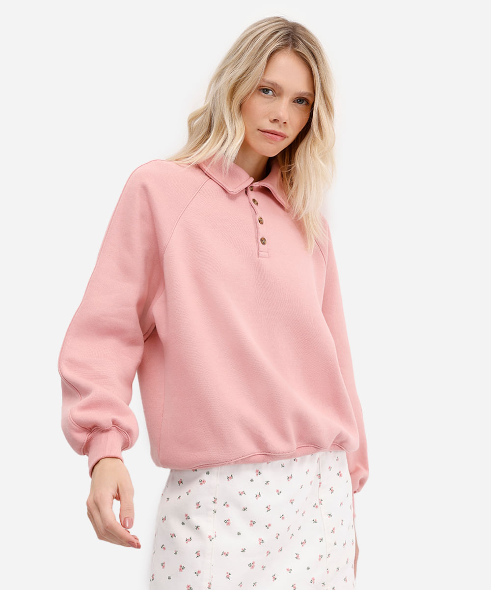 blusão feminino de moletom felpado com gola esporte rosa