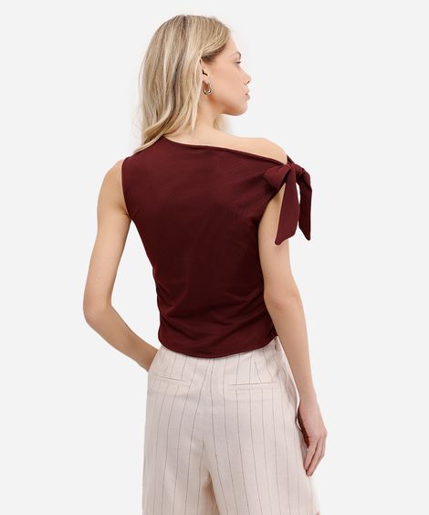 blusa feminina de tule franzida com amarração vinho