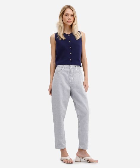 calça mom feminina sarja cintura super alta listrada azul