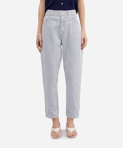 calça mom feminina sarja cintura super alta listrada azul
