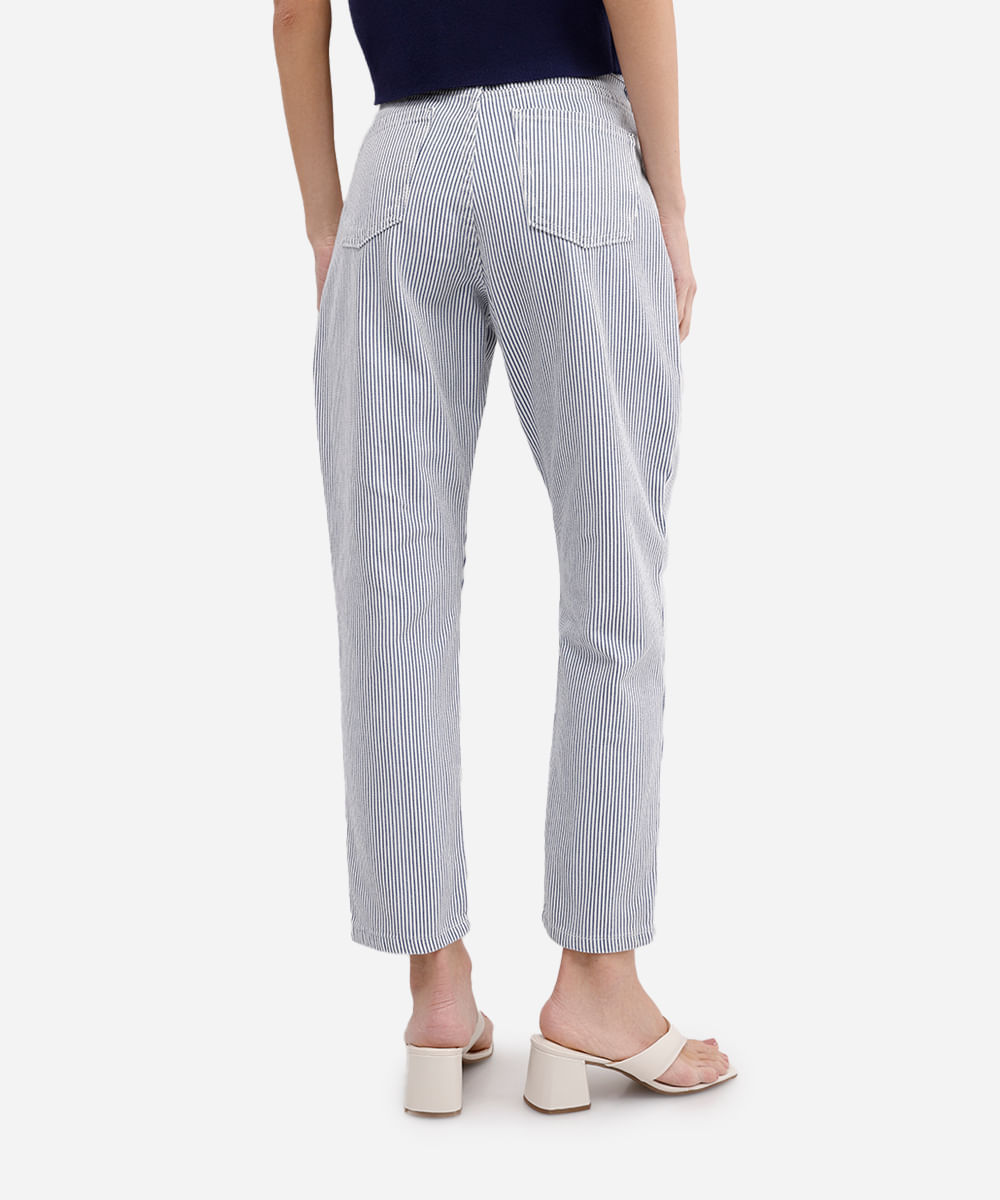 calça mom feminina sarja cintura super alta listrada azul