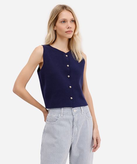 colete feminino de tricot com botões azul