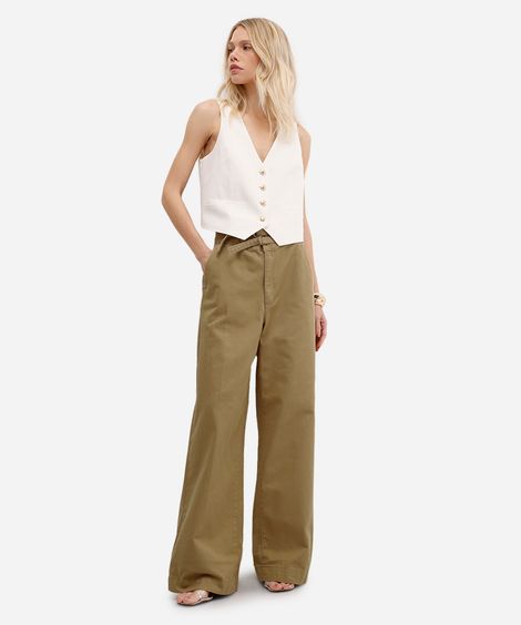 calça wide leg feminina de sarja  bege