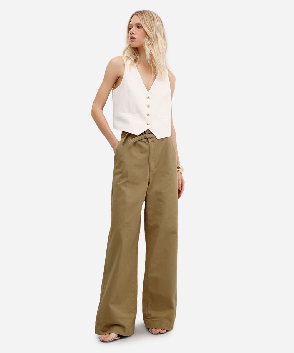 calça wide leg feminina de sarja  bege