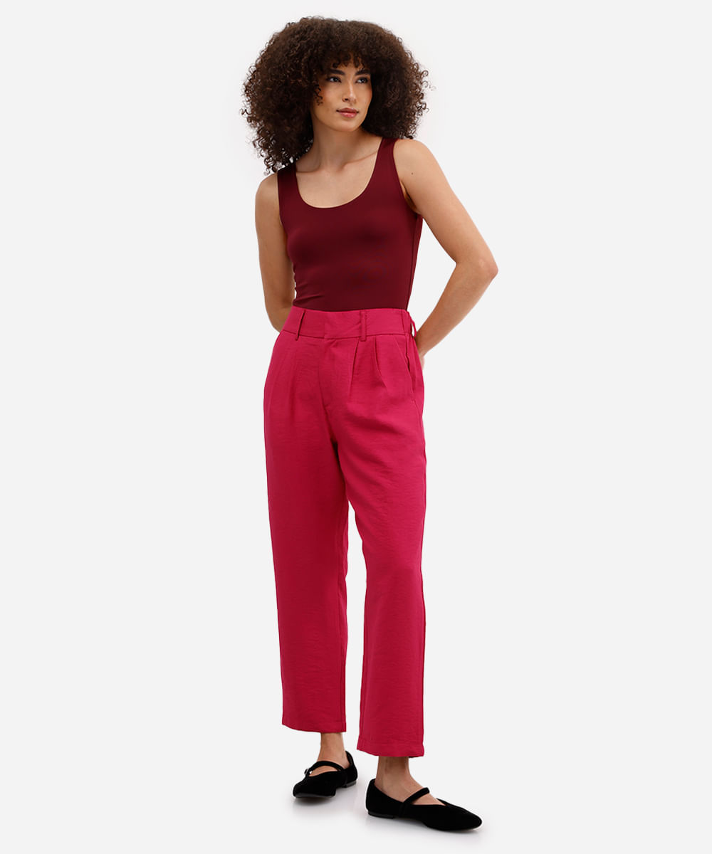 calça de alfaiataria feminina cós elástico rosa