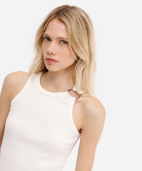 regata feminina de algodão com argola canelada off white