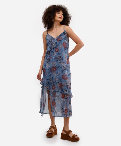 vestido midi feminino chiffon alça fina com babados floral azul
