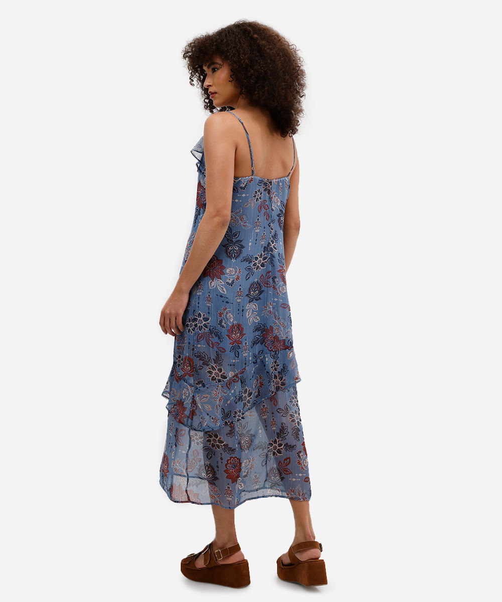 vestido midi feminino chiffon alça fina com babados floral azul