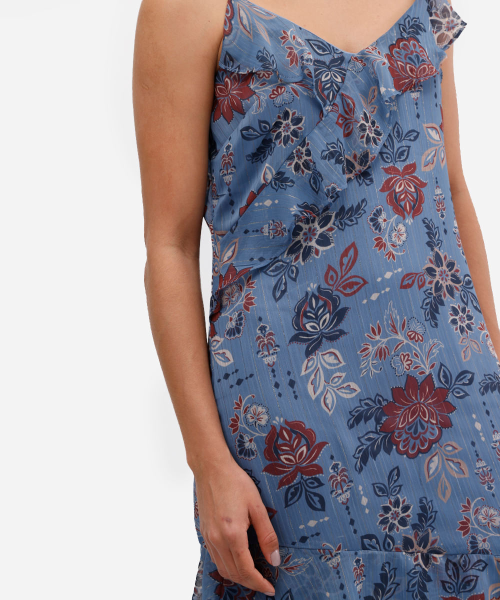 vestido midi feminino chiffon alça fina com babados floral azul