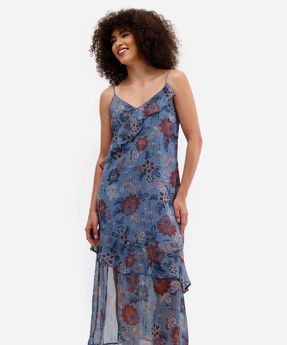 vestido midi feminino chiffon alça fina com babados floral azul