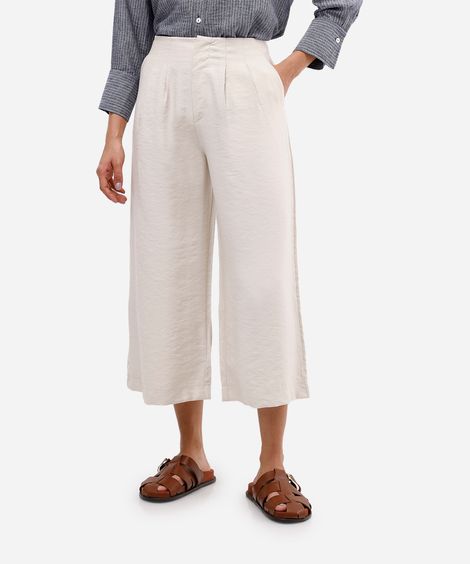 calça wide leg cropped feminina com pregas bege