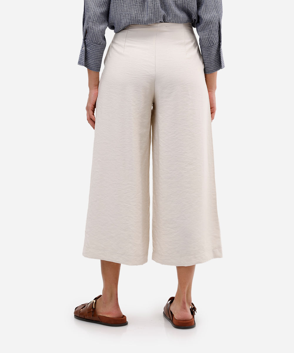 calça wide leg cropped feminina com pregas bege