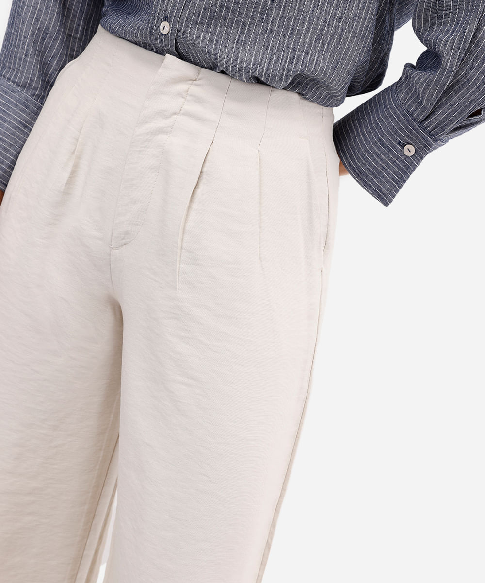 calça wide leg cropped feminina com pregas bege