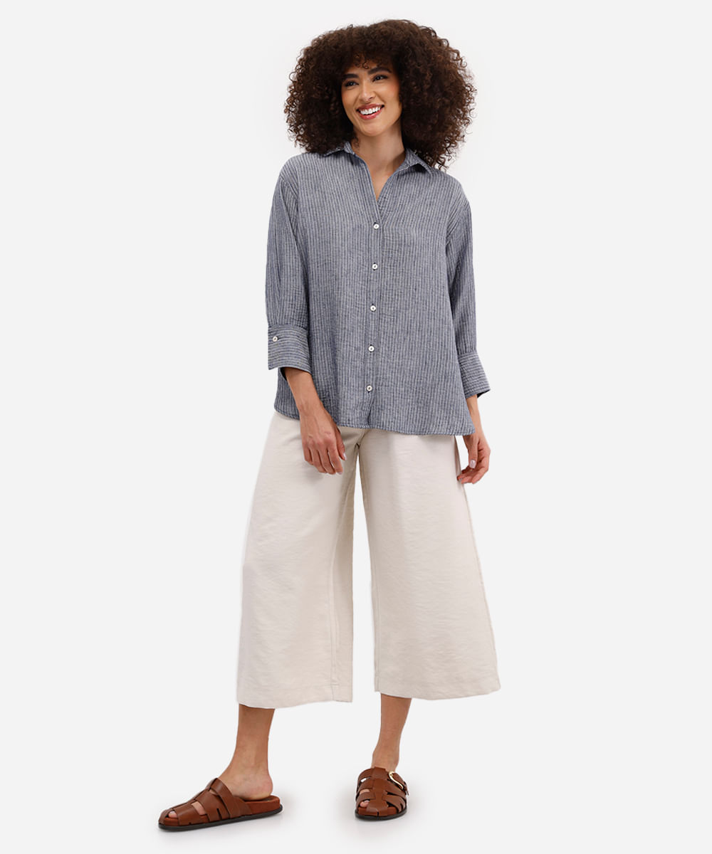 camisa feminina com linho azul