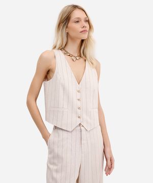 colete feminino de alfaiataria com linho risca de giz bege