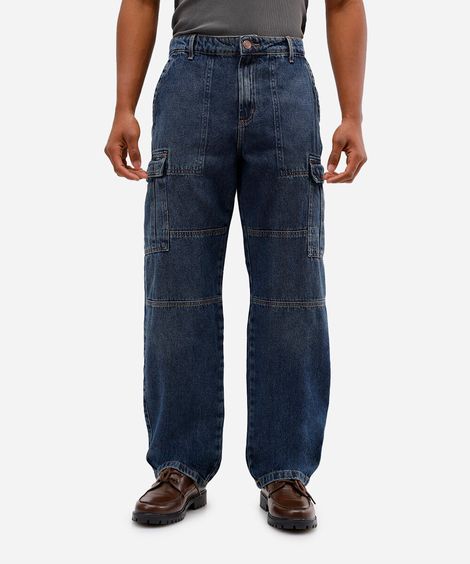 calça cargo masculina jeans com recorte azul
