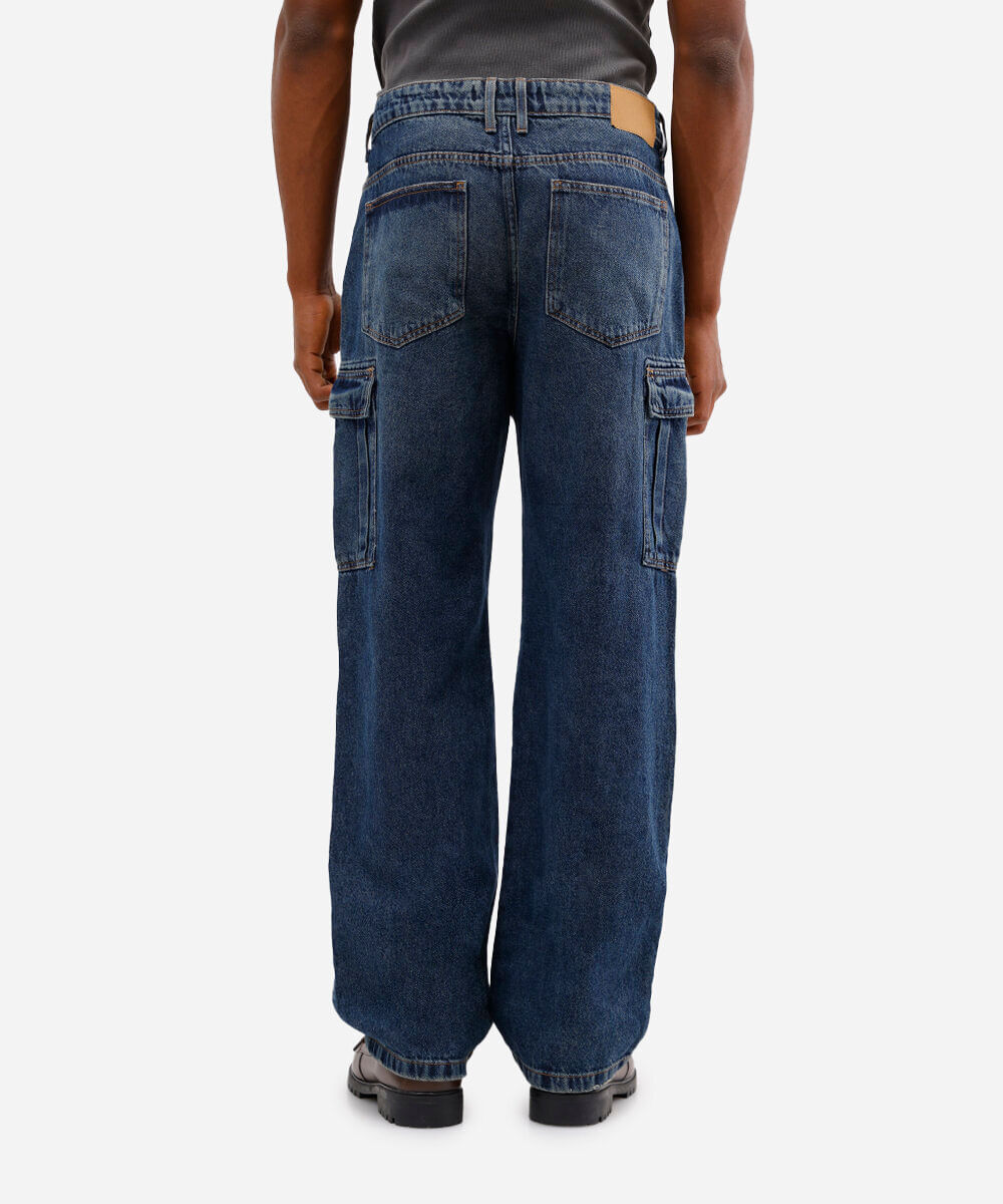 calça cargo masculina jeans com recorte azul