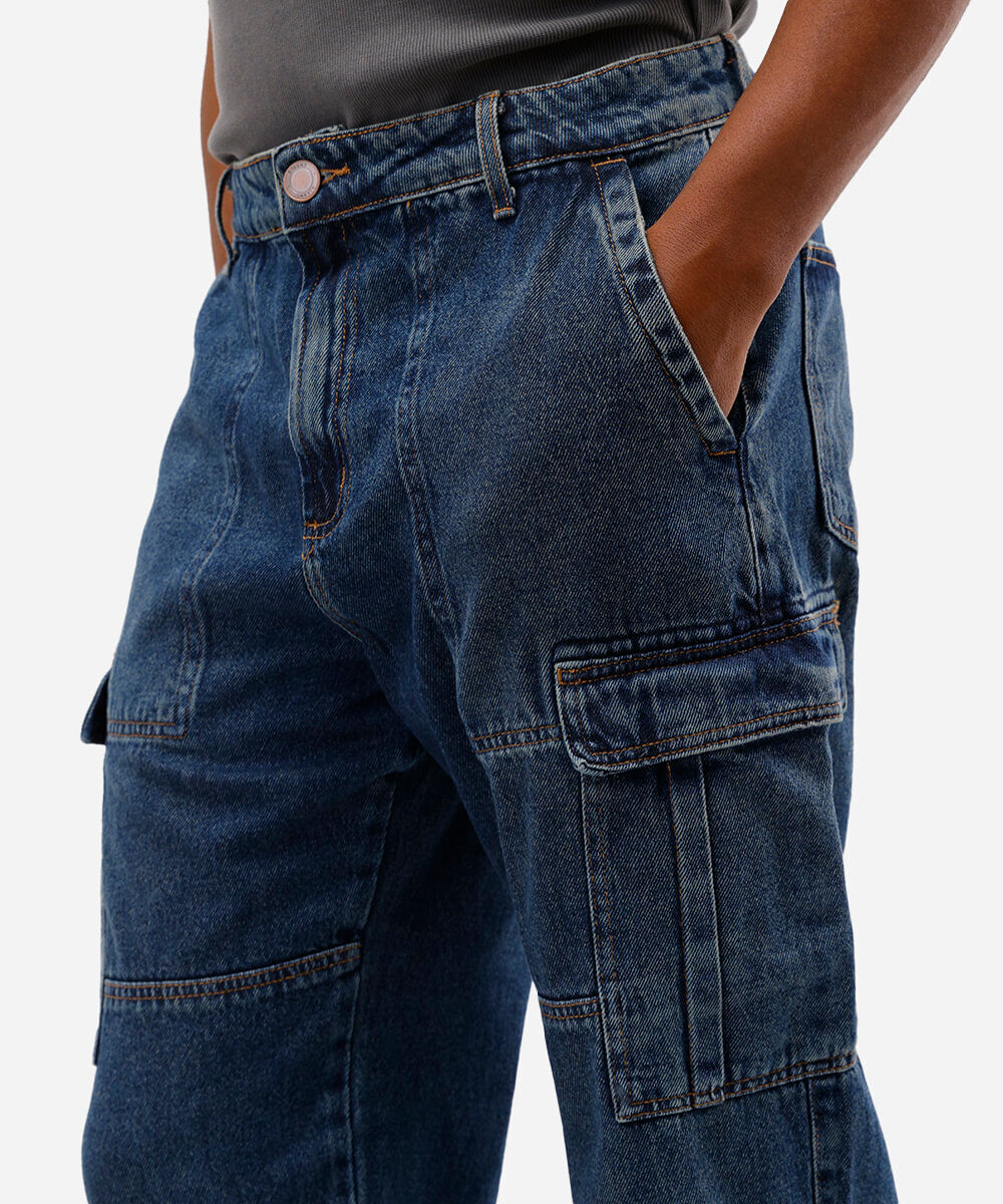 calça cargo masculina jeans com recorte azul