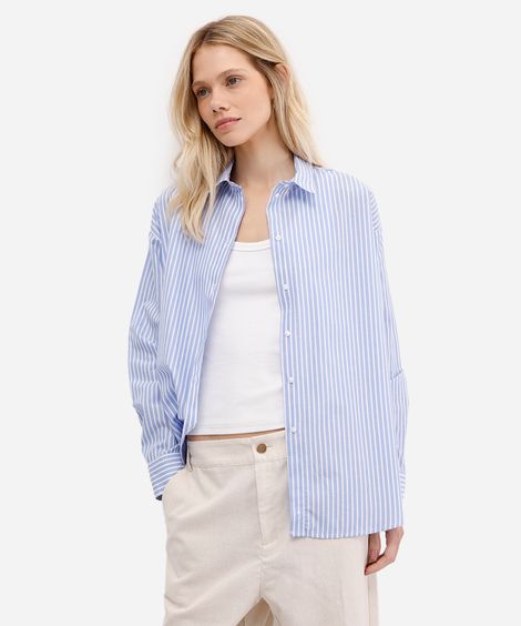camisa feminina manga longa oversized listrada azul