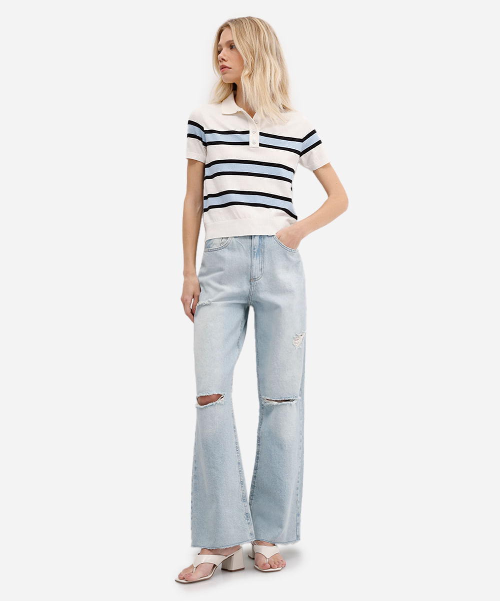 calça wide leg slim feminina jeans destroyed azul