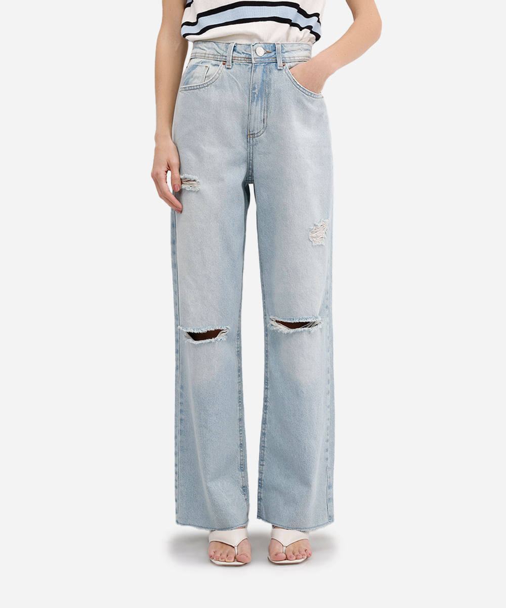 calça wide leg slim feminina jeans destroyed azul