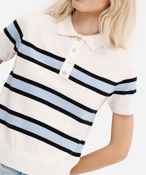 polo feminina de tricot manga curta listrada off white