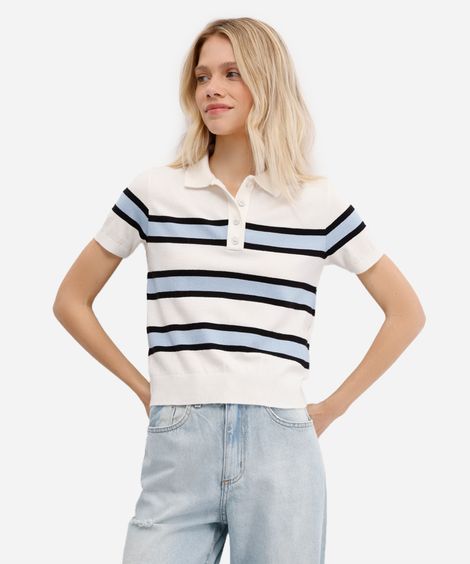 polo feminina de tricot manga curta listrada off white