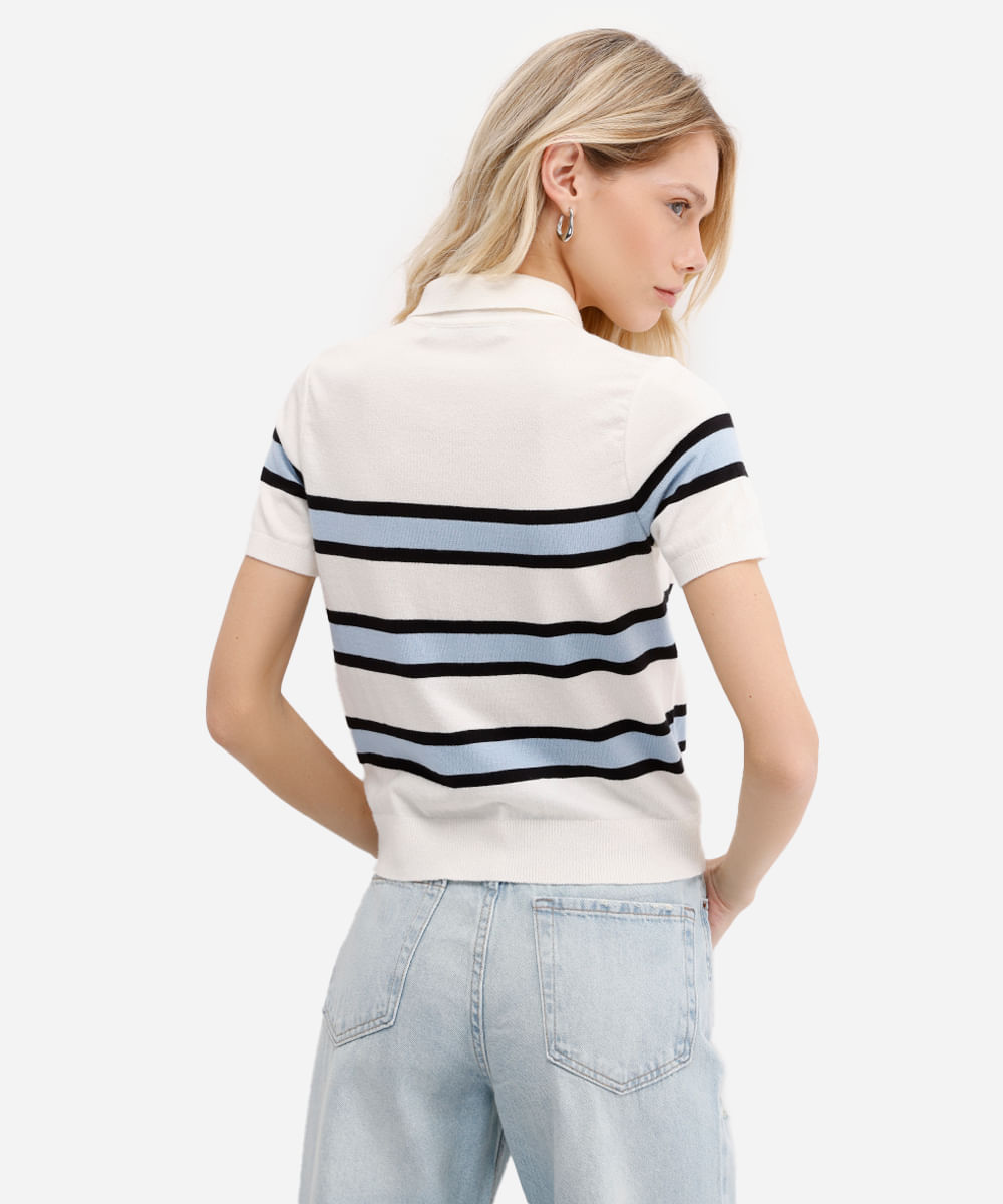 polo feminina de tricot manga curta listrada off white