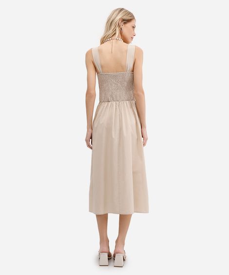vestido midi feminino de algodão franzido bege