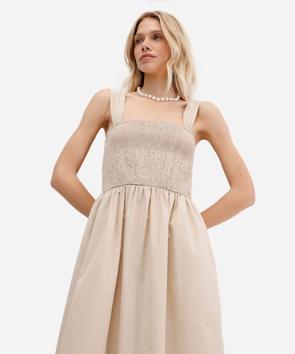 vestido midi feminino de algodão franzido bege