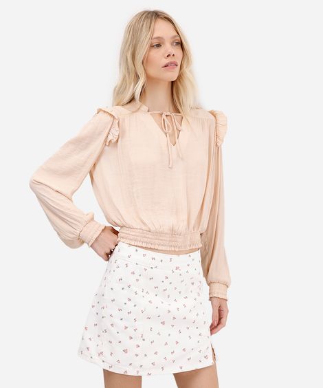 blusa feminina manga longa com babados texturizada bege