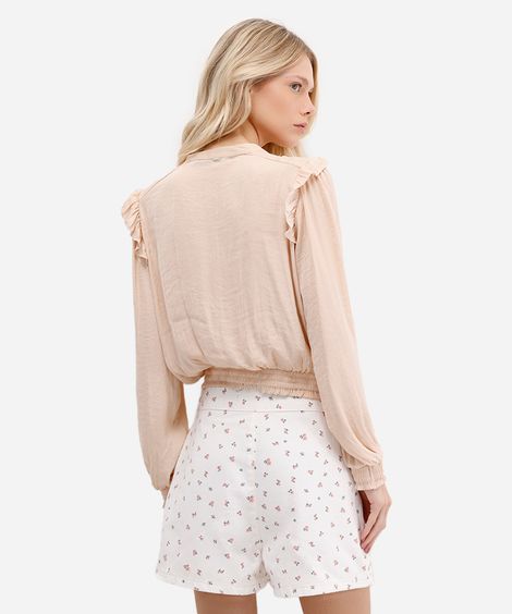 blusa feminina manga longa com babados texturizada bege