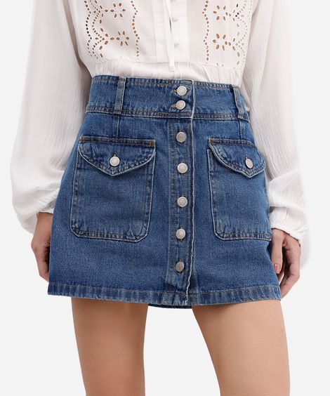 saia curta evasê feminina jeans com bolsos cargo azul