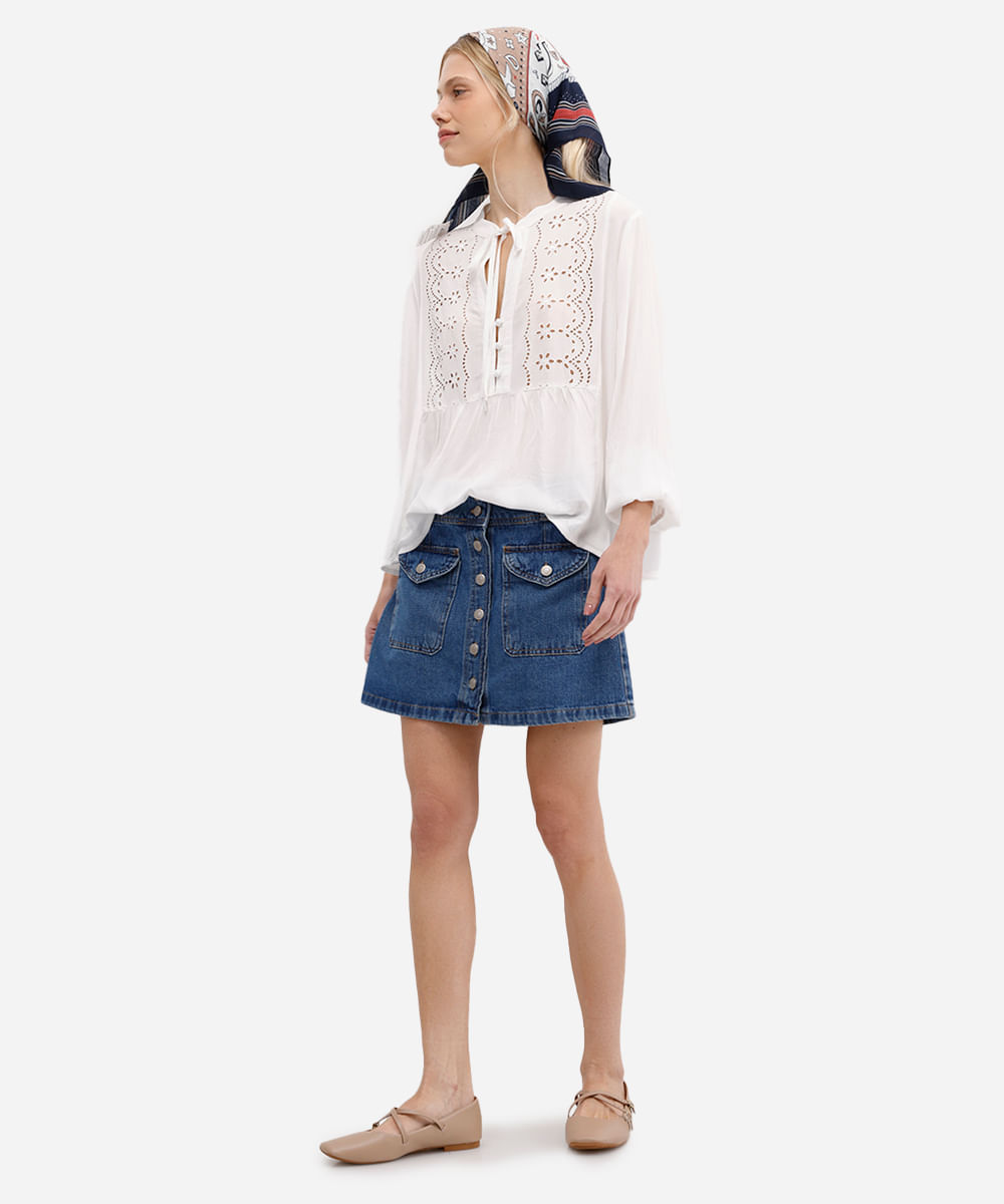 saia curta evasê feminina jeans com bolsos cargo azul