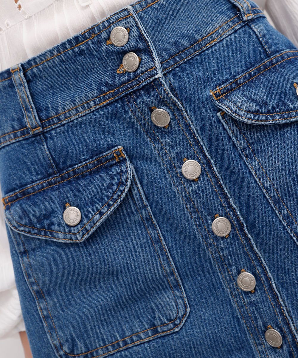 saia curta evasê feminina jeans com bolsos cargo azul